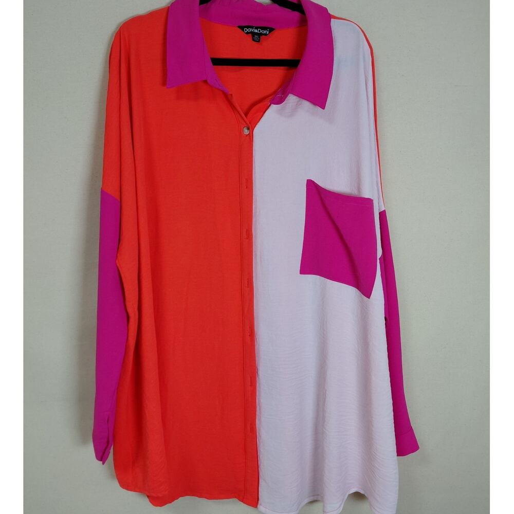 Davi&Dani P120453 Colorblock Button-Up Shirt Long Sleeve Size 3XL